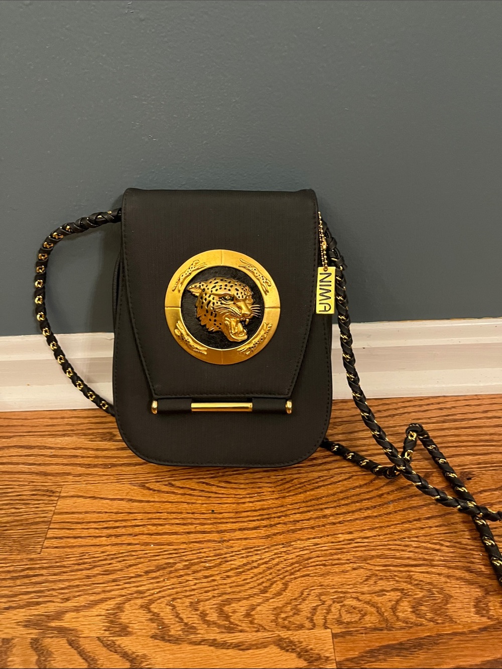 Nima Vintage Black Crossbody Bag with Gold Leopard Accent